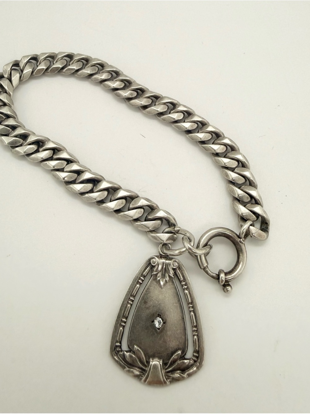 Vintage Antique Victorian SOLID 800 Silver Curb Chain Link Charm Bracelet